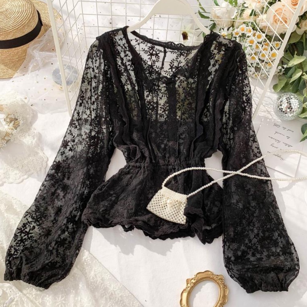 Lace floral blouse lantern sleeve embroidery cami tank black Lolita womens NWT
